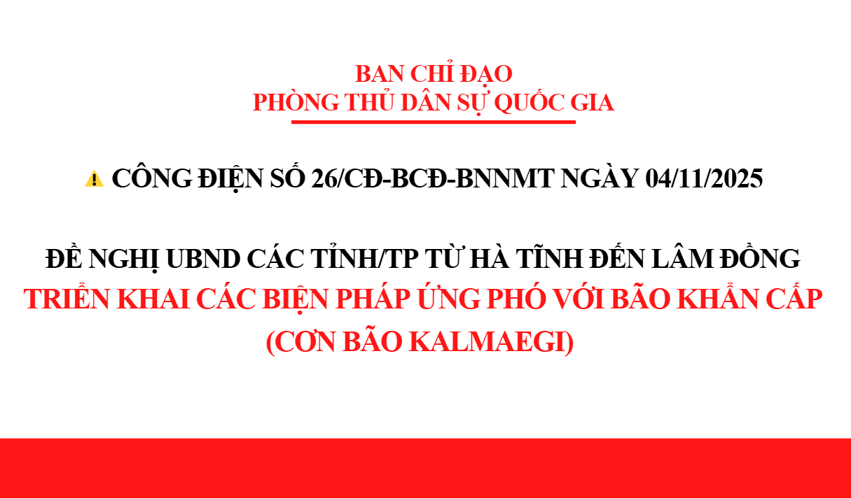 Công văn số 8735/BNNMT-ĐĐ ngày 04/11/2025 của Bộ Nông nghiệp và Môi trường v/v triển khai công tác đảm bảo an toàn hệ thống đê điều ứng phó bão KALMAEGI.