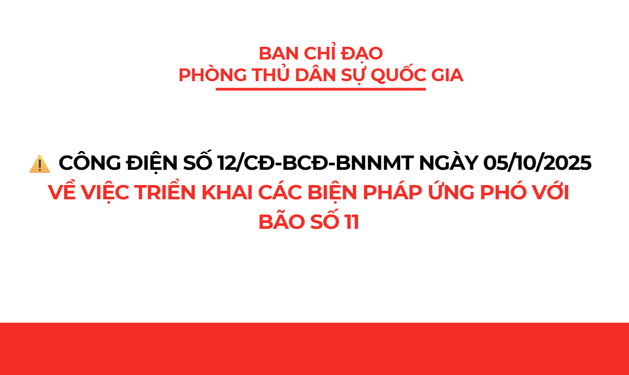 Công điện số 12/CĐ-BCĐ-BNNMT của Ban Chỉ đạo Phòng thủ dân sự quốc gia về việc triển khai các biện pháp ứng phó với bão số 11