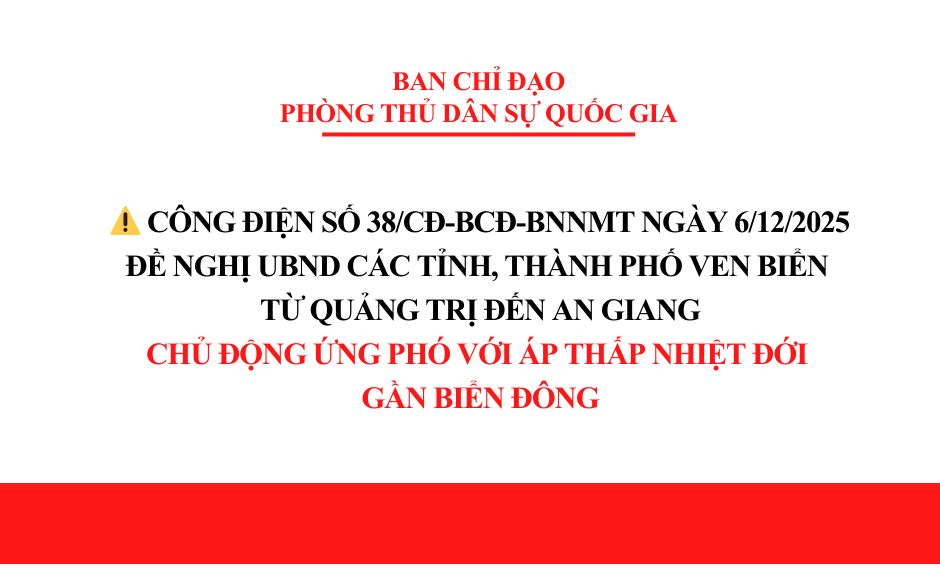 Công điện số 38/CĐ-BCĐ-BNNMT của Ban Chỉ đạo Phòng thủ dân sự quốc gia về việc ứng phó với áp thấp nhiệt đới gần biển Đông