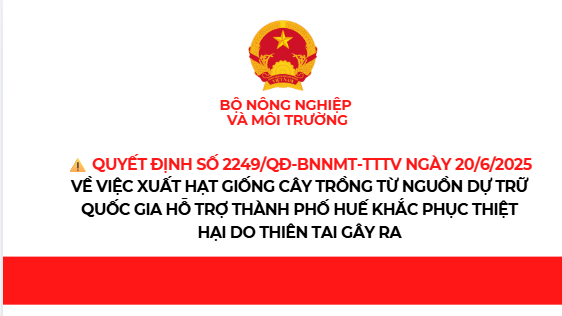 Xuất cấp 100,0 tấn hạt giống lúa từ nguồn dự trữ quốc gia cho Thành phố Huế để khắc phục thiệt hại do ảnh hưởng của bão số 1.