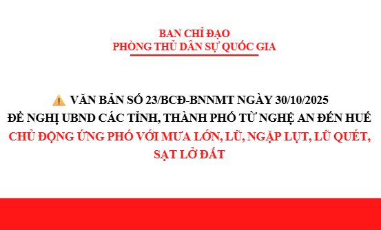 Văn bản số 23/BCĐ-BNNMT ngày 30/10/2025 của Ban Chỉ đạo Phòng thủ Dân sự Quốc gia đề nghị UBND các tỉnh, thành phố từ Nghệ An đến Huế chủ động ứng phó với mưa lớn, lũ, ngập lụt, lũ quét, sạt lở đất