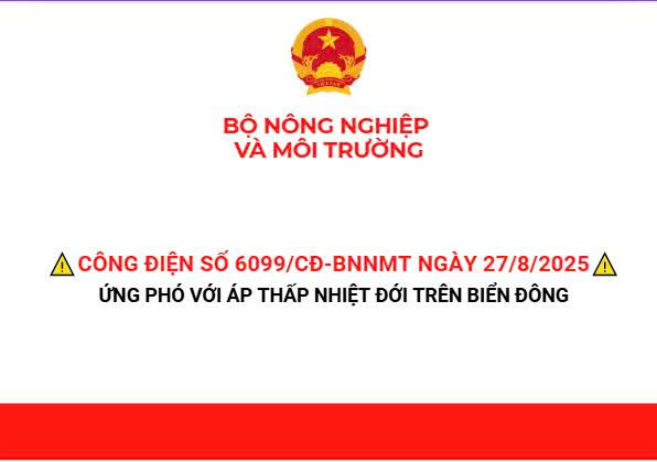 Công điện số 6099/CĐ-BNNMT ngày 27/8/2025 của Bộ trưởng Bộ Nông nghiệp và Môi trường về việc chủ động ứng phó với ATNĐ,