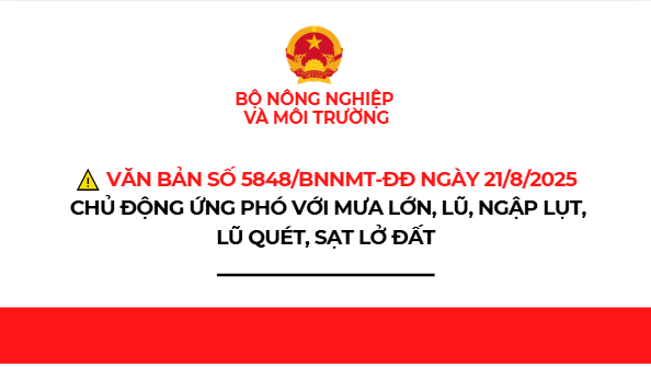 Công văn số 5848/BNNMT-ĐĐ ngày 21/8/2025 của Bộ Nông nghiệp và Môi trường về việc chủ động ứng phó với mưa lớn, lũ, ngập lụt, lũ quét, sạt lở đất