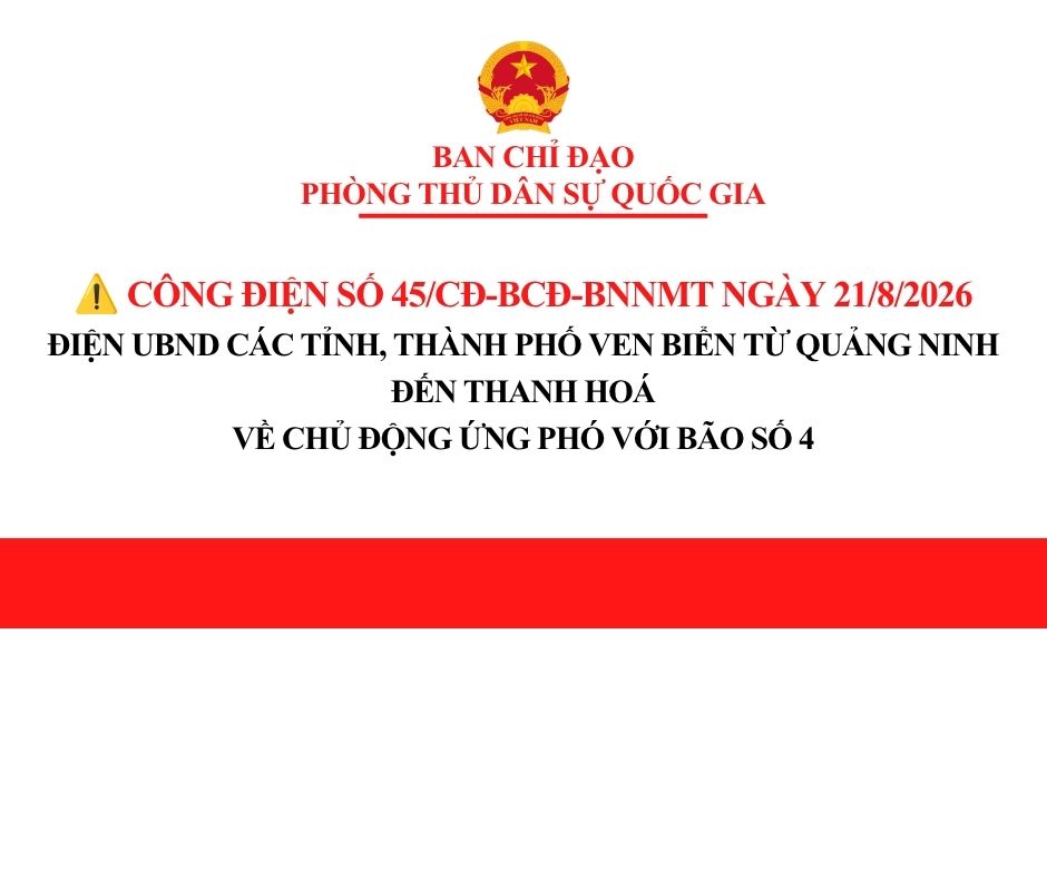 Công điện số 45/CĐ-BCĐ-BNNMT về việc chủ động ứng phó với bão số 4