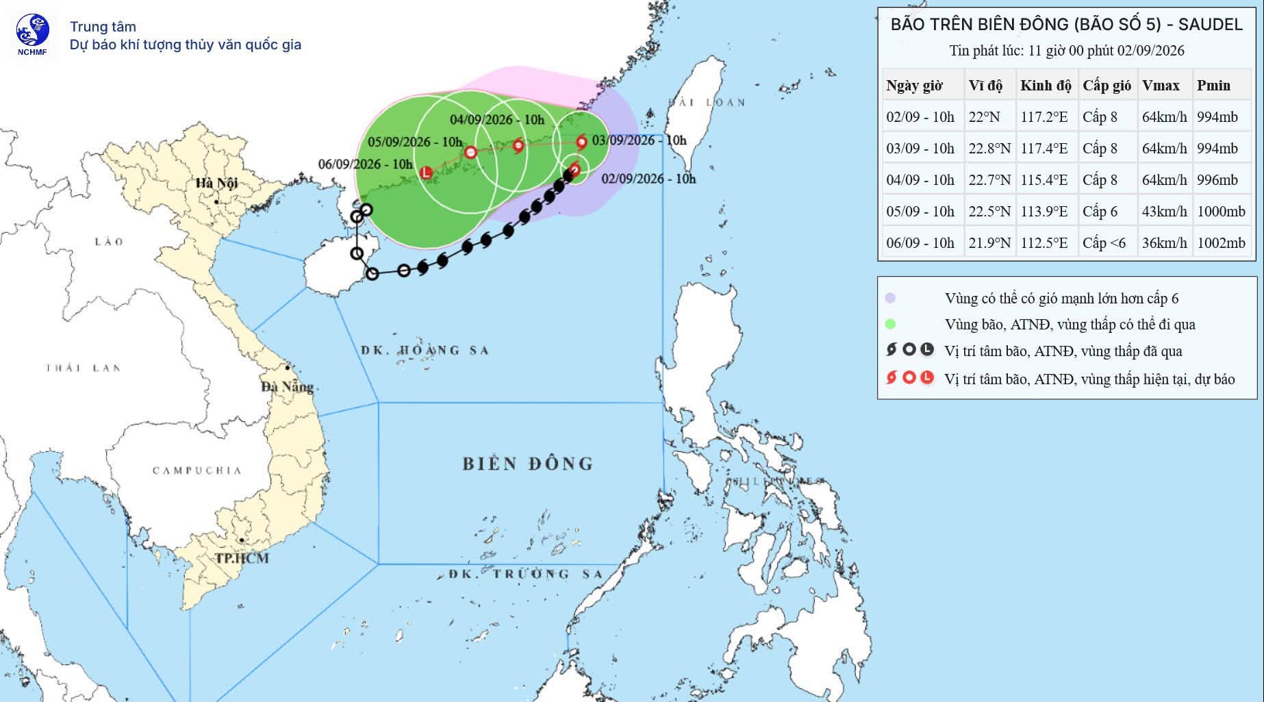 (11h 2/9) Bão số 5 đang trên vùng biển phía Đông Bắc khu vực Bắc Biển Đông, mạnh cấp 8, giật cấp 10