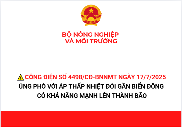 Công điện số 4498/CĐ-BNNMT về việc ứng phó ATNĐ gần biển Đông có khả năng mạnh lên thành bão