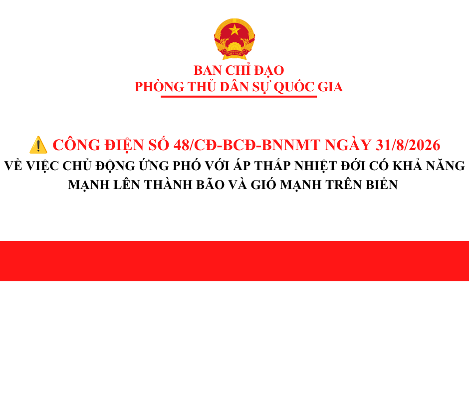 Công điện số 48/CĐ-BCĐ-BNNMT ngày 31/8/2026 của Ban Chỉ đạo Phòng thủ dân sự quốc gia v/v Chủ động ứng phó với ATNĐ có khả năng mạnh lên thành bão và gió mạnh trên biển.